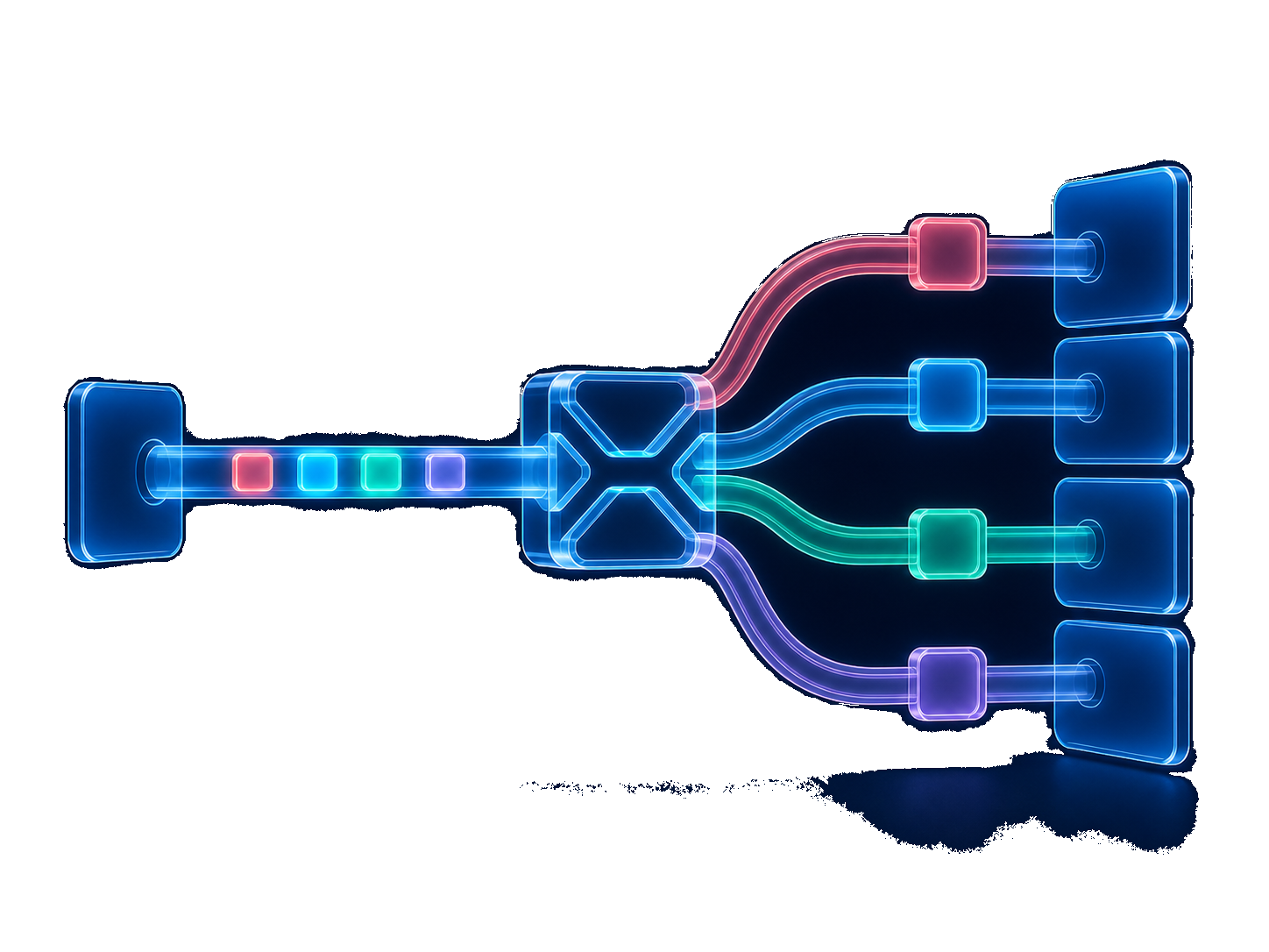 One route branching deterministically into four persisted experiment variants