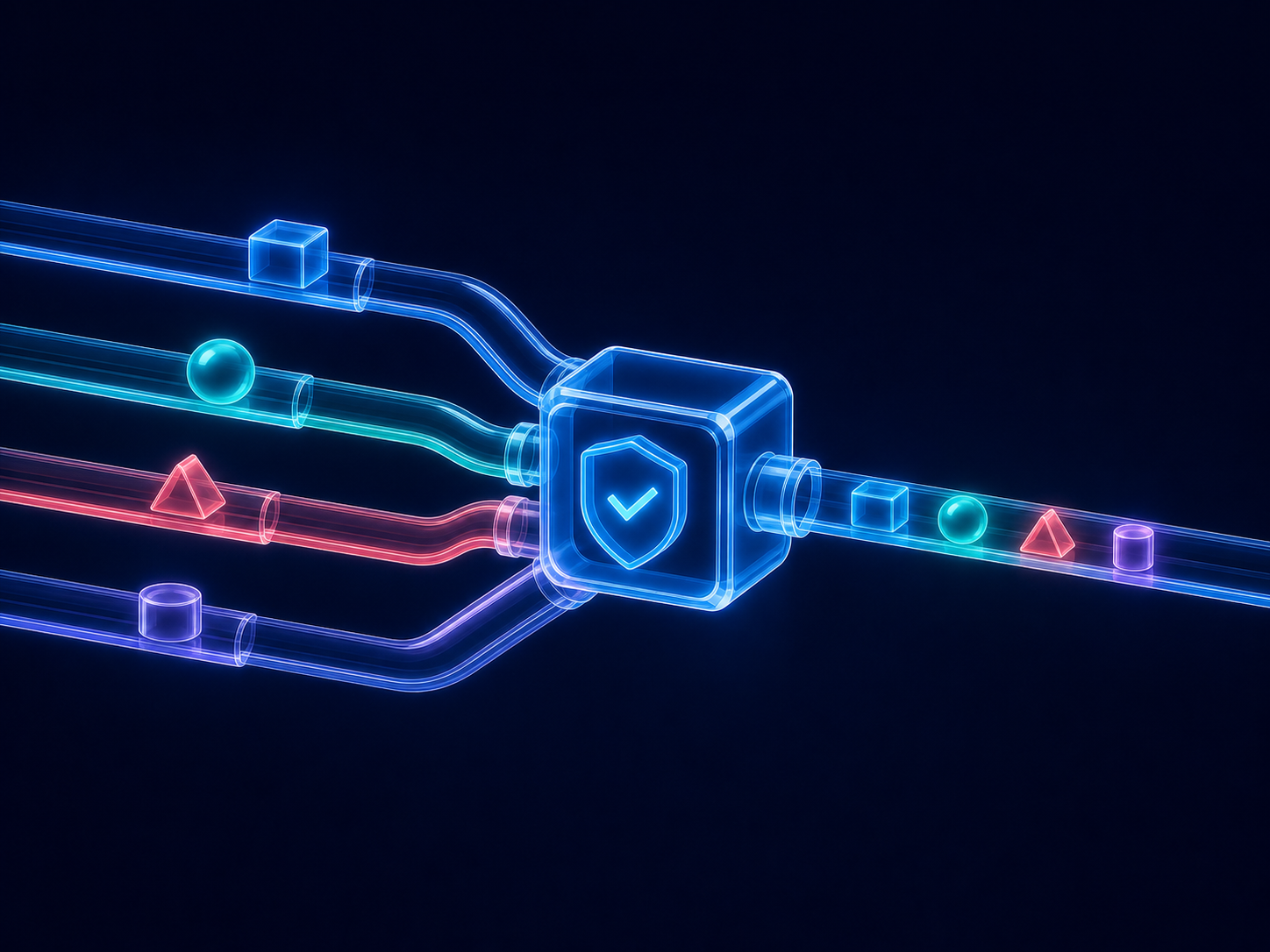 Parallel route lanes converging through a protected core into one ordered state