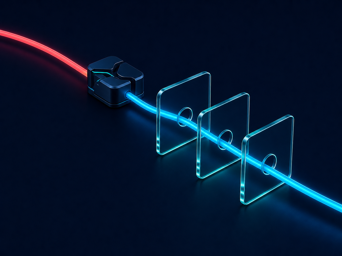 A deep-link path passing through one routing core into aligned destinations