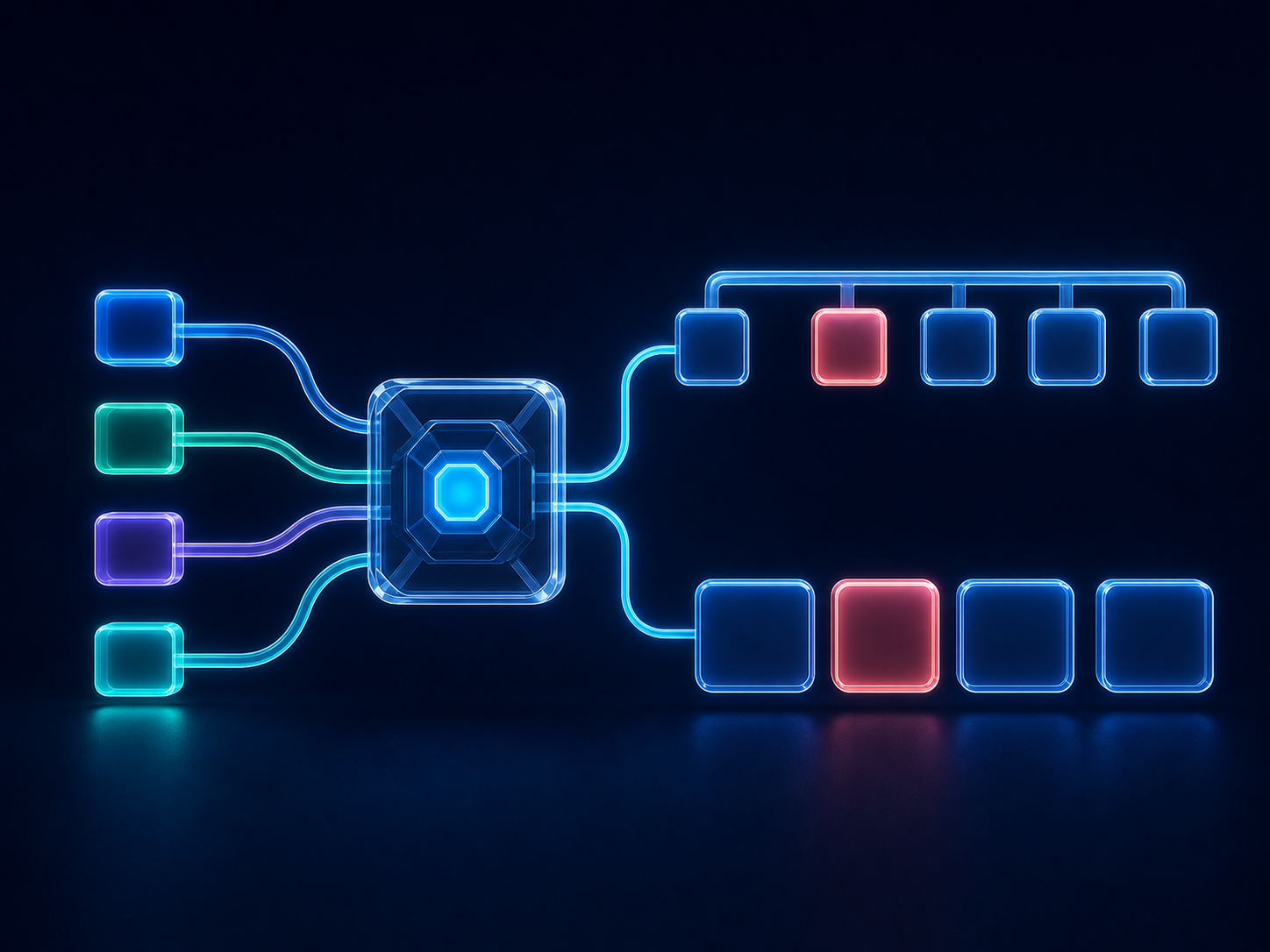 Runtime signals entering a routing policy core that composes one five-tab and one four-tab navigation architecture