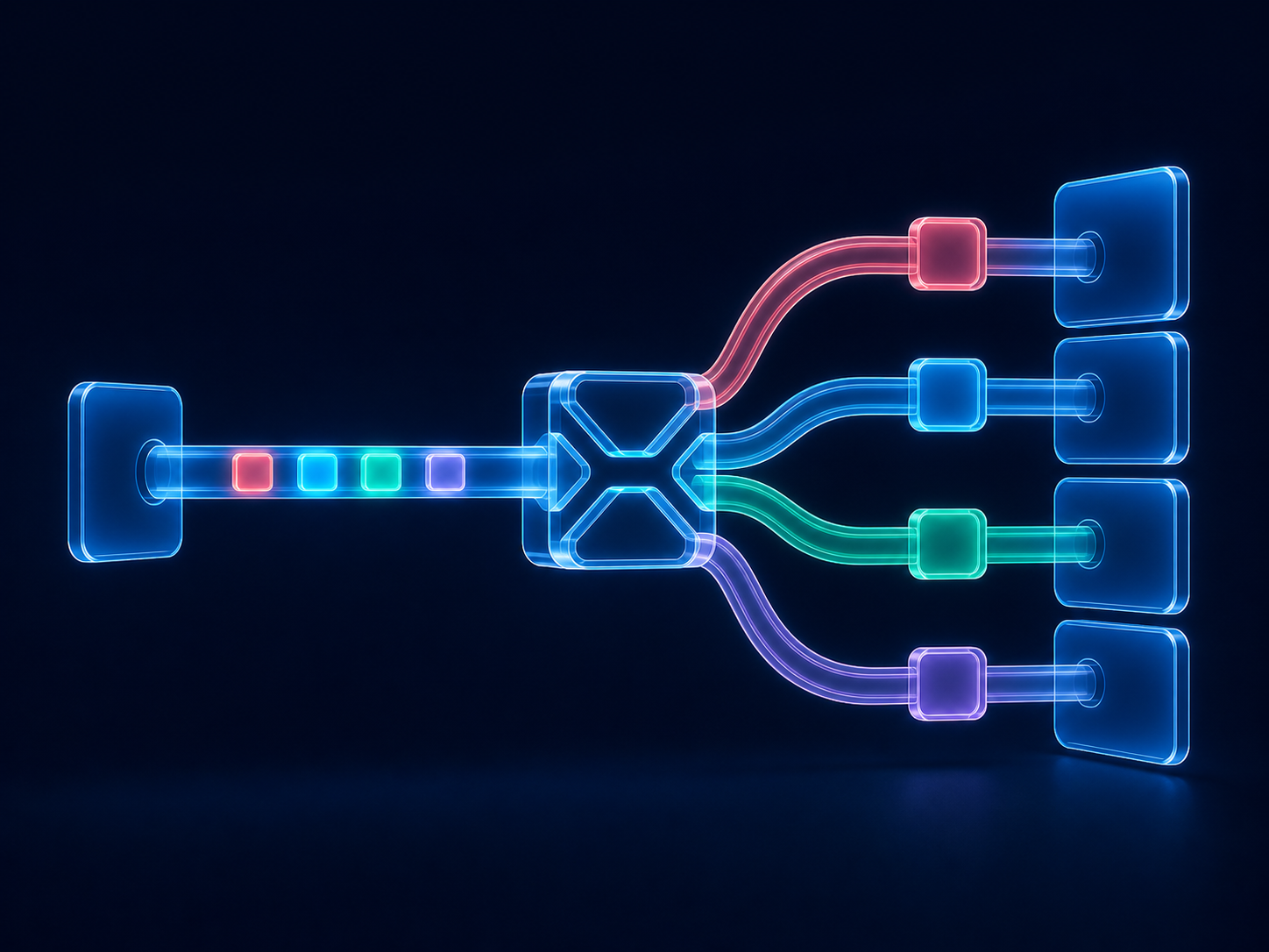 One route branching into four deterministic experiment variants and destinations